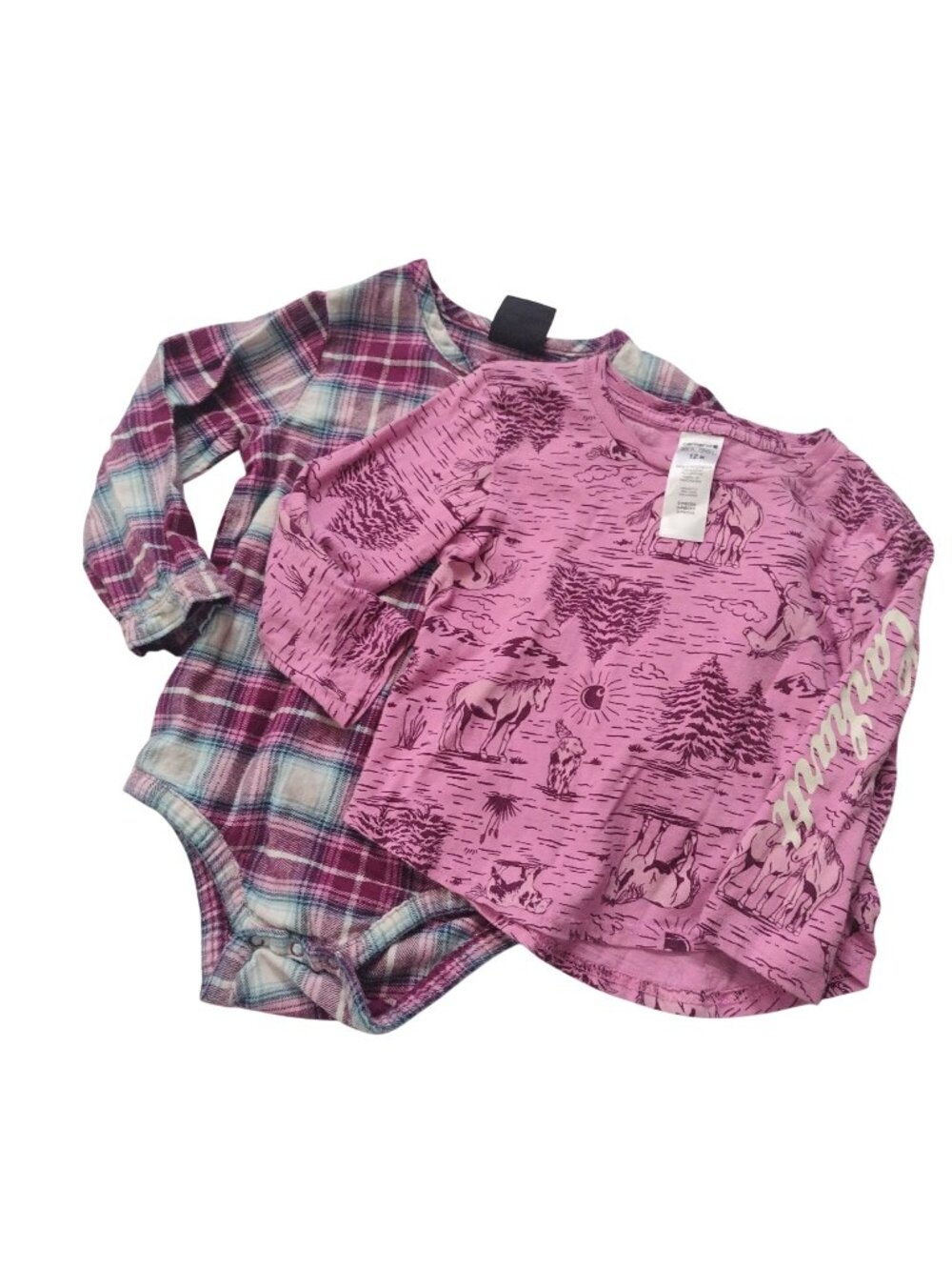Carhartt Baby Girl Tops 12M Pink Plaid Flannel Horse Print Shirt Bodysuit Set